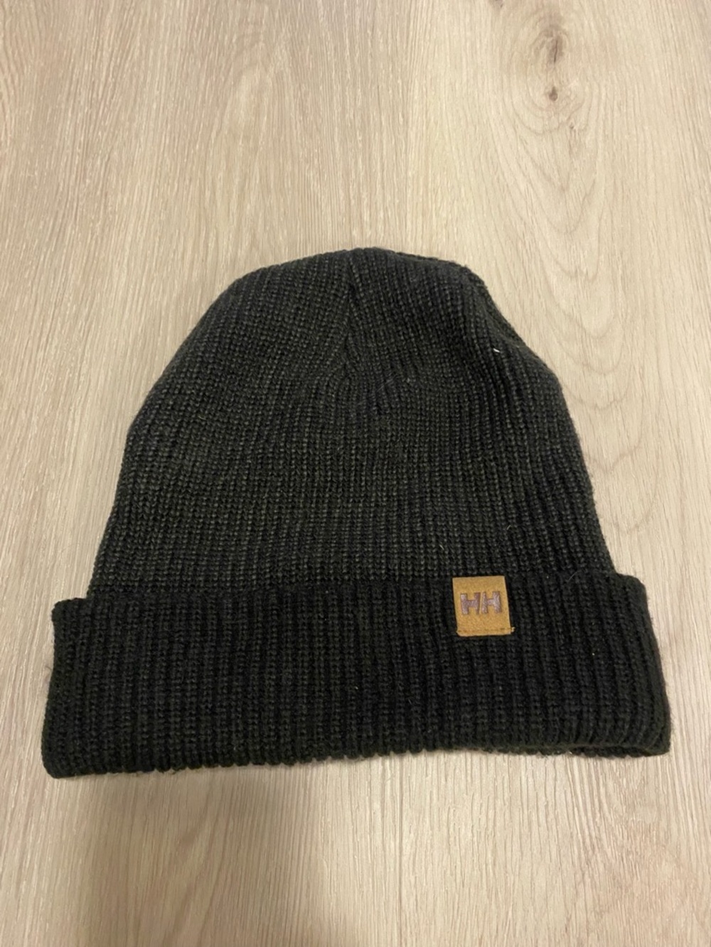 Helly Hansen Black Ribbed Cuff Beanie with Tan Logo Patch